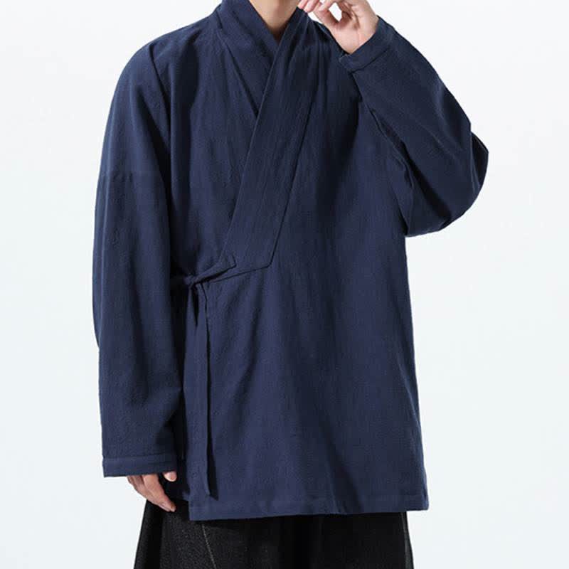 Buddha Stones Herbst/Winter: Schlichter Kimono im Tang-Stil aus einfarbiger Baumwolle mit Kordelzug und Tasche für Herren. - image 4