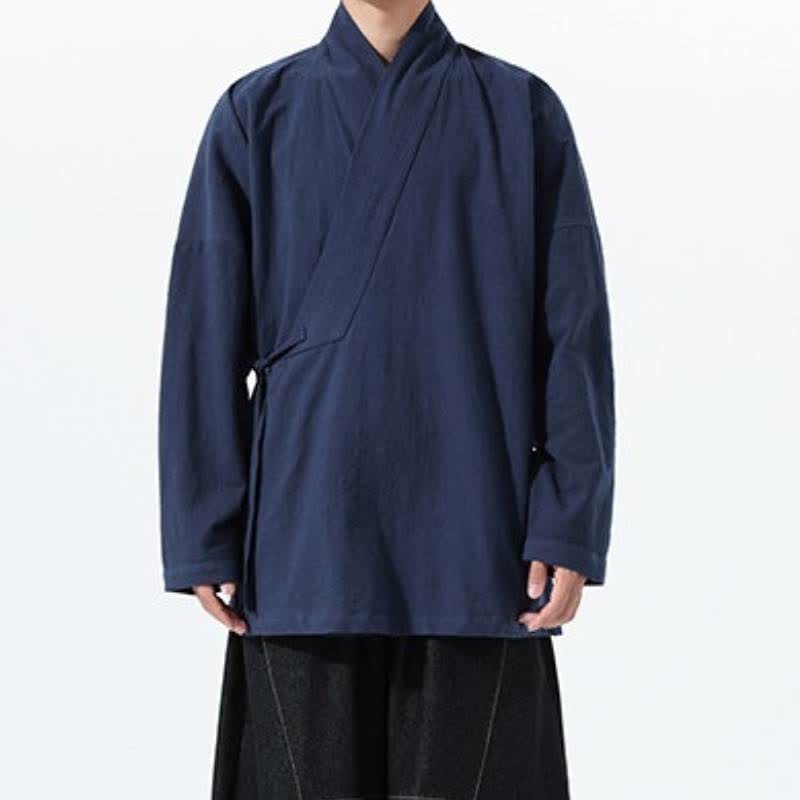 Buddha Stones Herbst/Winter: Schlichter Kimono im Tang-Stil aus einfarbiger Baumwolle mit Kordelzug und Tasche für Herren. - image 6