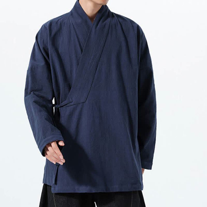 Buddha Stones Herbst/Winter: Schlichter Kimono im Tang-Stil aus einfarbiger Baumwolle mit Kordelzug und Tasche für Herren. - image 5