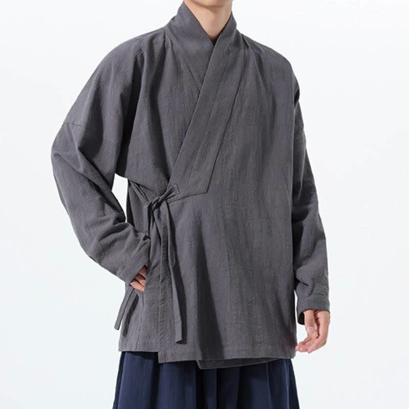 Buddha Stones Herbst/Winter: Schlichter Kimono im Tang-Stil aus einfarbiger Baumwolle mit Kordelzug und Tasche für Herren. - image 9