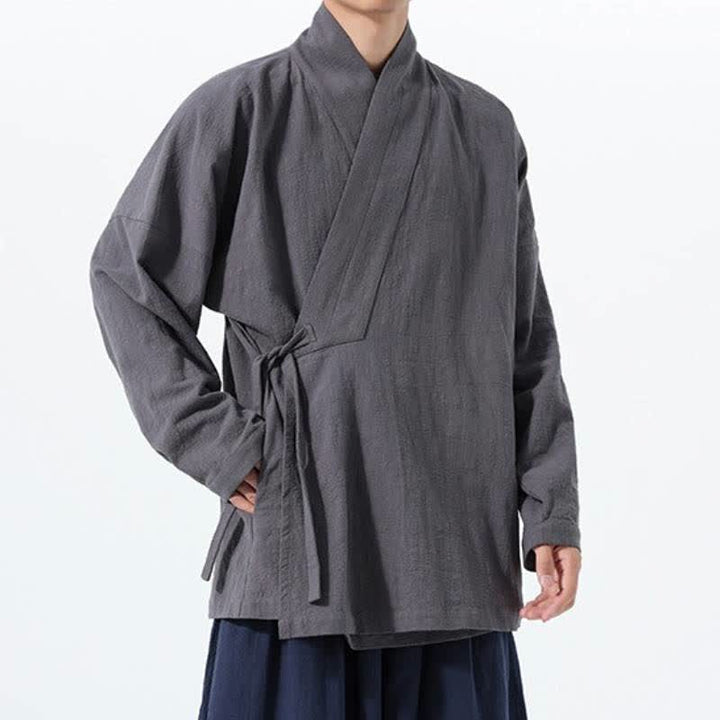 Buddha Stones Herbst/Winter: Schlichter Kimono im Tang-Stil aus einfarbiger Baumwolle mit Kordelzug und Tasche für Herren. - image 9