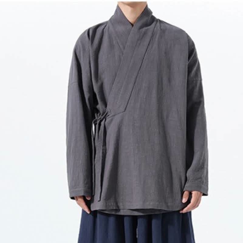 Buddha Stones Herbst/Winter: Schlichter Kimono im Tang-Stil aus einfarbiger Baumwolle mit Kordelzug und Tasche für Herren. - image 11