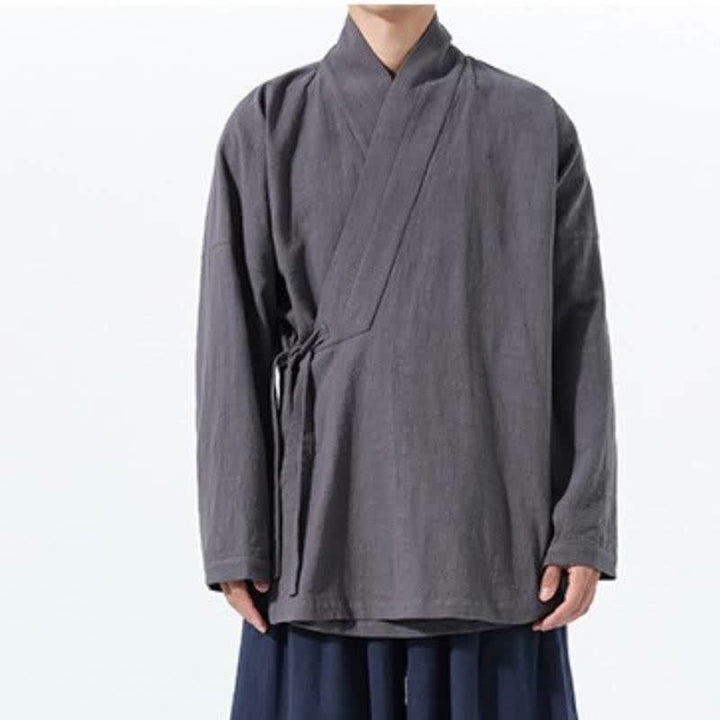 Buddha Stones Herbst/Winter: Schlichter Kimono im Tang-Stil aus einfarbiger Baumwolle mit Kordelzug und Tasche für Herren. - image 11