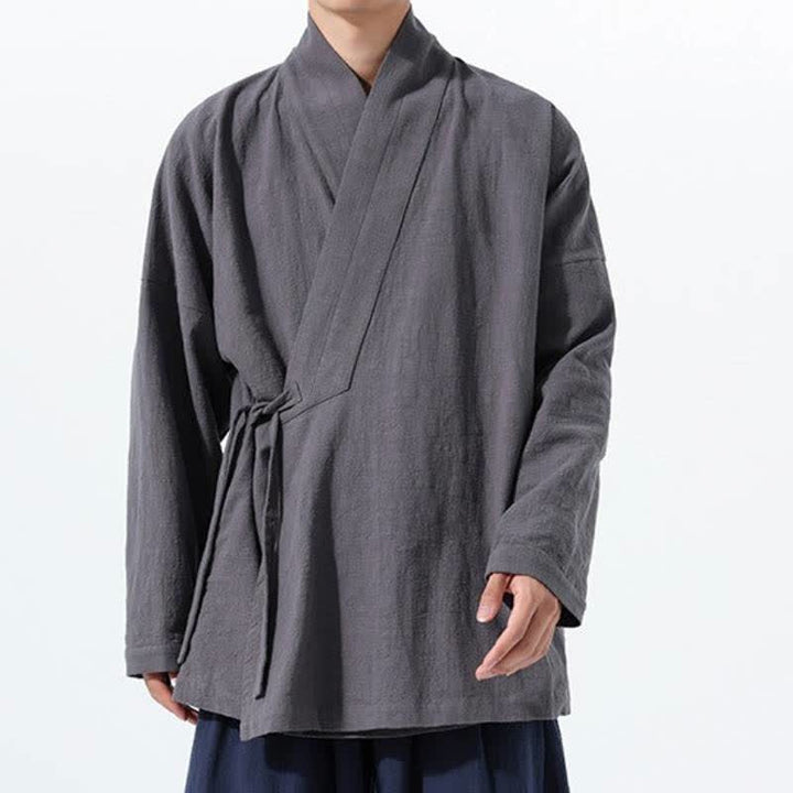 Buddha Stones Herbst/Winter: Schlichter Kimono im Tang-Stil aus einfarbiger Baumwolle mit Kordelzug und Tasche für Herren. - image 10