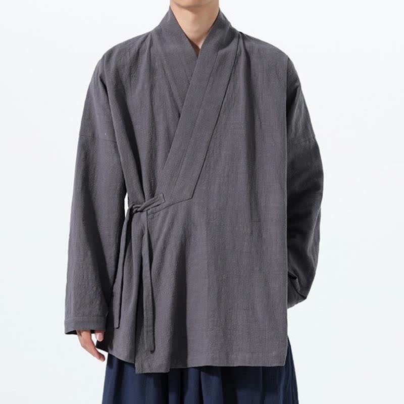 Buddha Stones Herbst/Winter: Schlichter Kimono im Tang-Stil aus einfarbiger Baumwolle mit Kordelzug und Tasche für Herren. - image 8