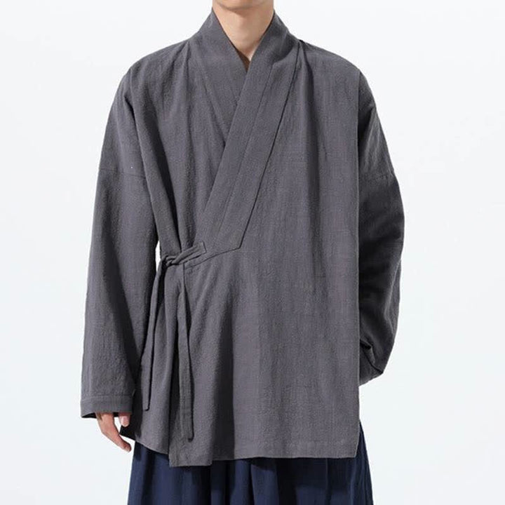 Buddha Stones Herbst/Winter: Schlichter Kimono im Tang-Stil aus einfarbiger Baumwolle mit Kordelzug und Tasche für Herren. - image 8