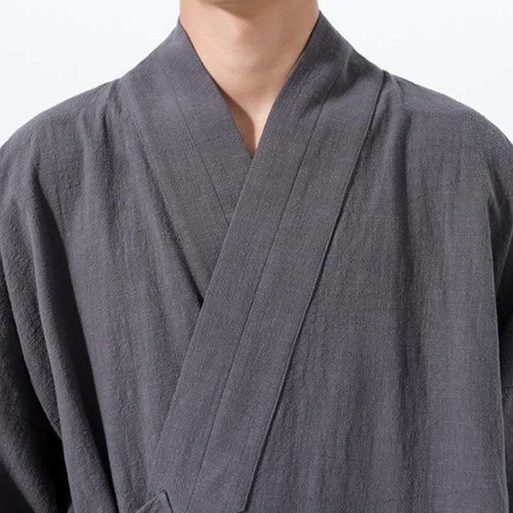 Buddha Stones Herbst/Winter: Schlichter Kimono im Tang-Stil aus einfarbiger Baumwolle mit Kordelzug und Tasche für Herren. - image 13