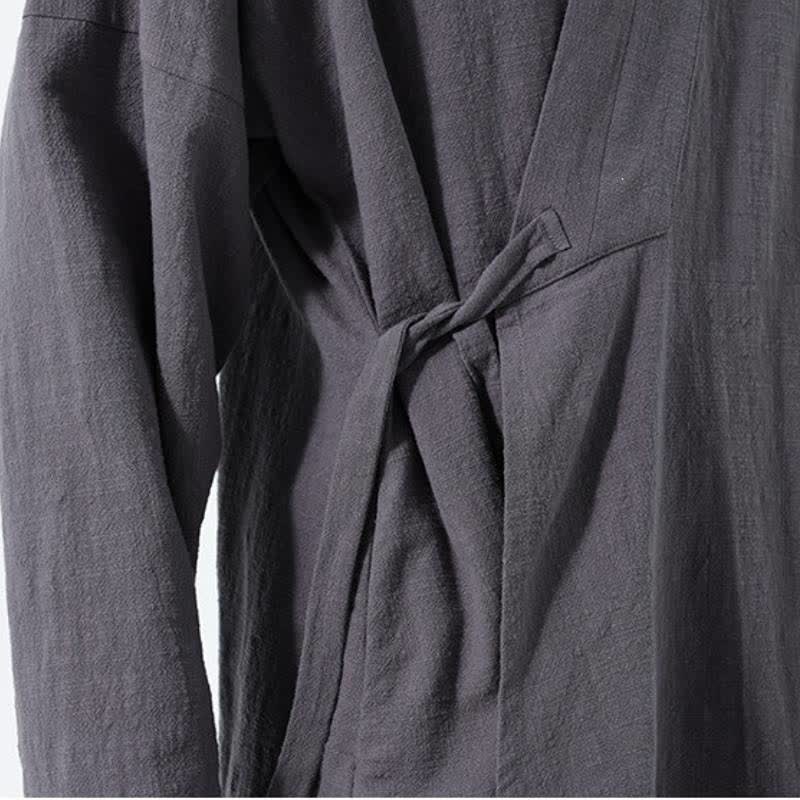 Buddha Stones Herbst/Winter: Schlichter Kimono im Tang-Stil aus einfarbiger Baumwolle mit Kordelzug und Tasche für Herren. - image 14