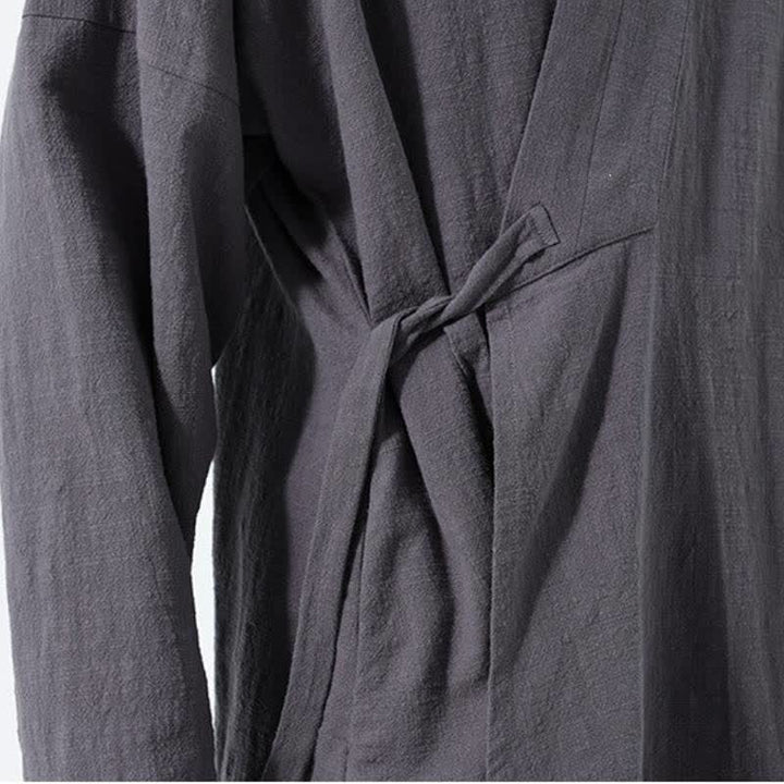 Buddha Stones Herbst/Winter: Schlichter Kimono im Tang-Stil aus einfarbiger Baumwolle mit Kordelzug und Tasche für Herren. - image 14