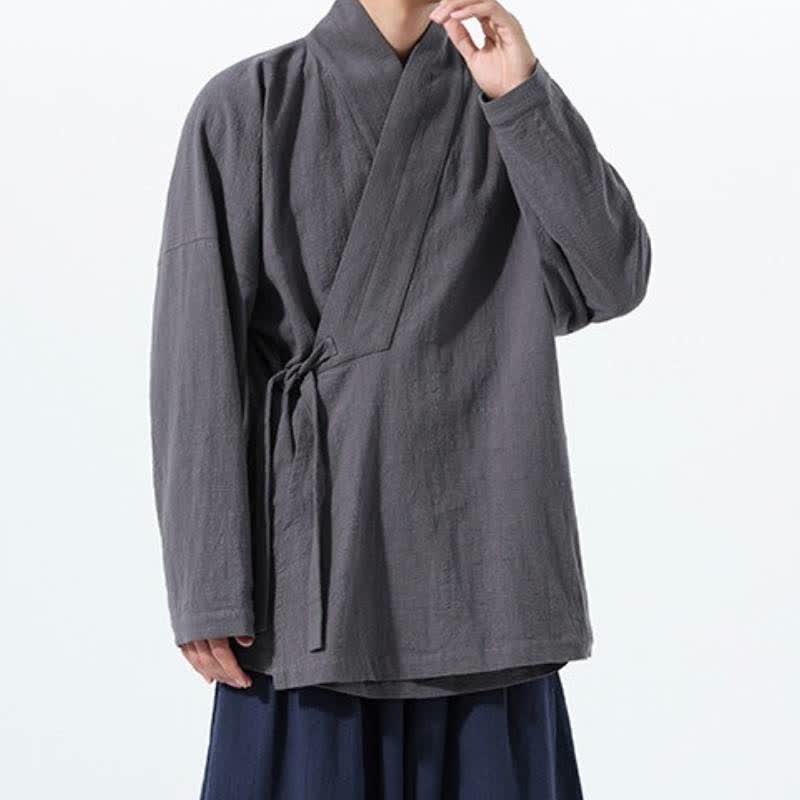 Buddha Stones Herbst/Winter: Schlichter Kimono im Tang-Stil aus einfarbiger Baumwolle mit Kordelzug und Tasche für Herren. - image 12