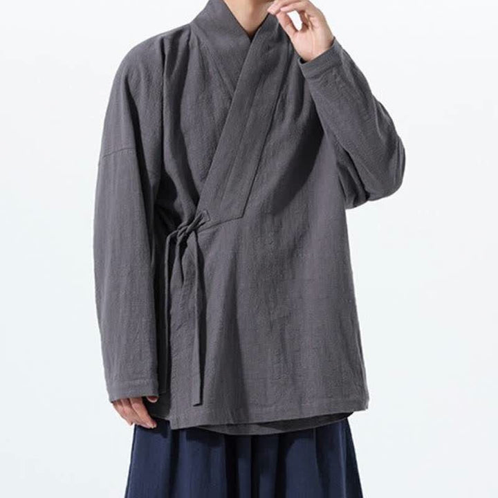 Buddha Stones Herbst/Winter: Schlichter Kimono im Tang-Stil aus einfarbiger Baumwolle mit Kordelzug und Tasche für Herren. - image 12