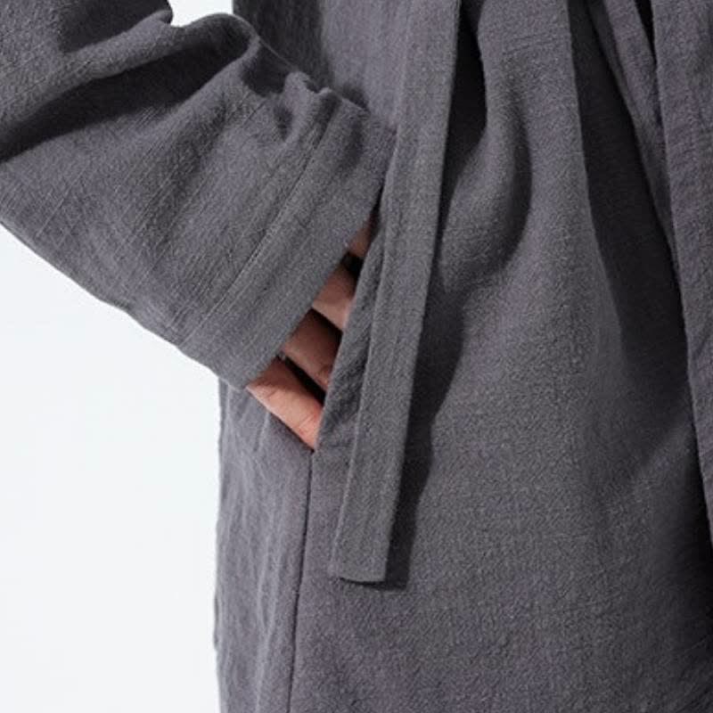 Buddha Stones Herbst/Winter: Schlichter Kimono im Tang-Stil aus einfarbiger Baumwolle mit Kordelzug und Tasche für Herren. - image 15