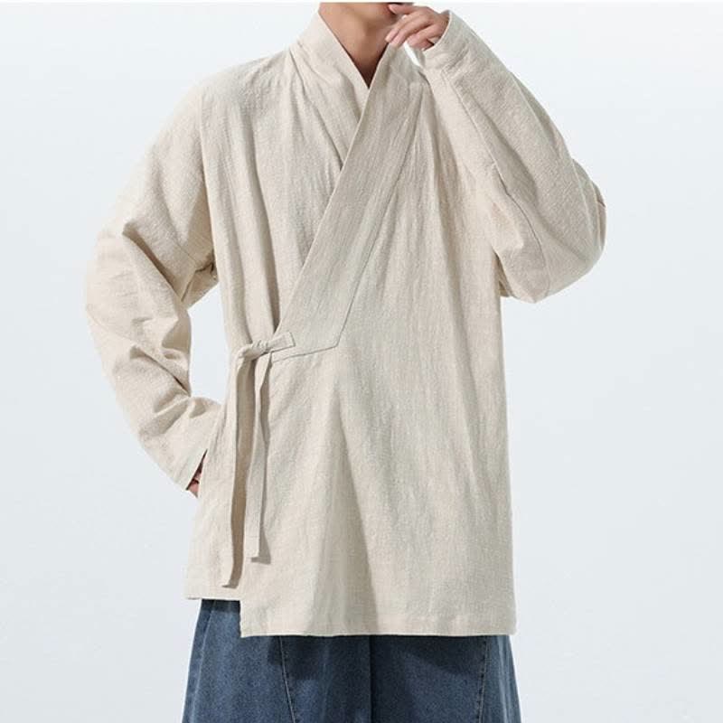 Buddha Stones Herbst/Winter: Schlichter Kimono im Tang-Stil aus einfarbiger Baumwolle mit Kordelzug und Tasche für Herren. - image 18