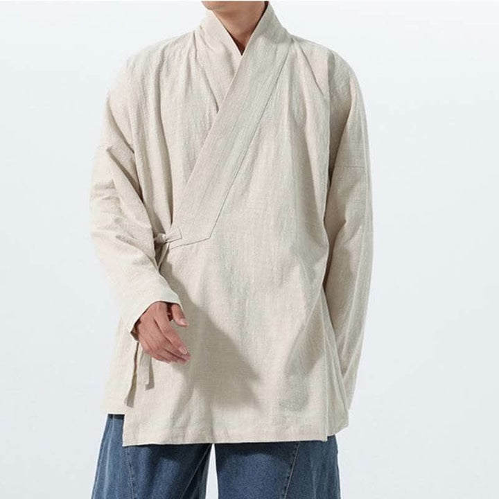 Buddha Stones Herbst/Winter: Schlichter Kimono im Tang-Stil aus einfarbiger Baumwolle mit Kordelzug und Tasche für Herren. - image 22
