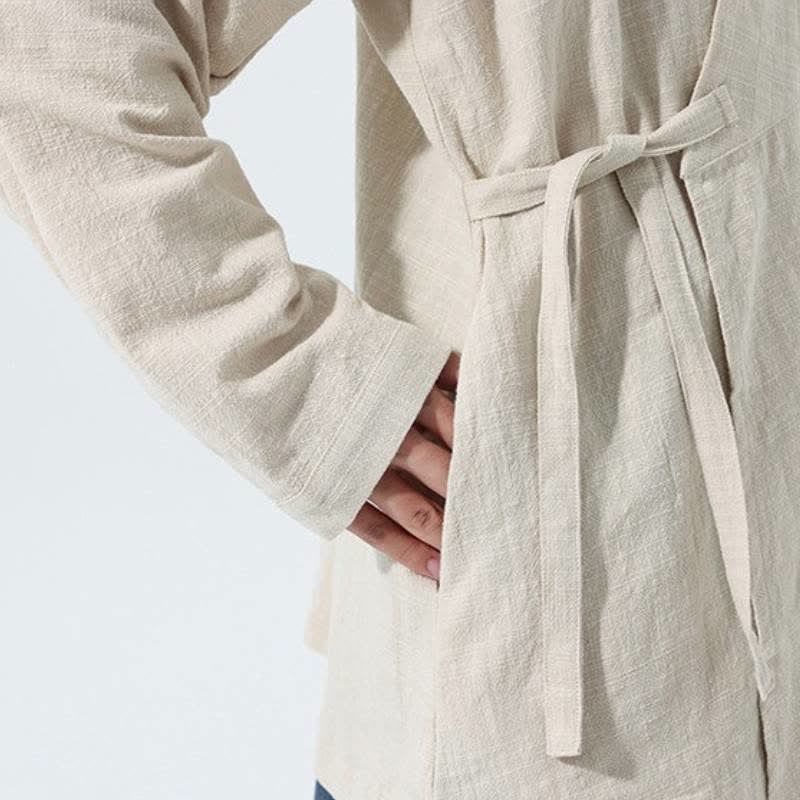 Buddha Stones Herbst/Winter: Schlichter Kimono im Tang-Stil aus einfarbiger Baumwolle mit Kordelzug und Tasche für Herren. - image 26
