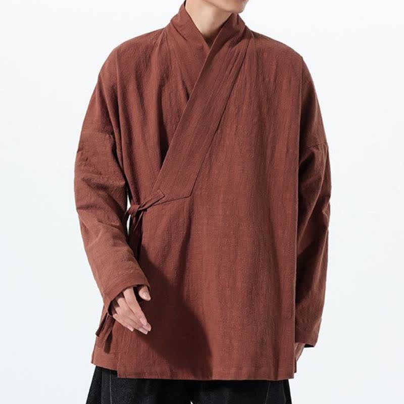 Buddha Stones Herbst/Winter: Schlichter Kimono im Tang-Stil aus einfarbiger Baumwolle mit Kordelzug und Tasche für Herren. - image 31
