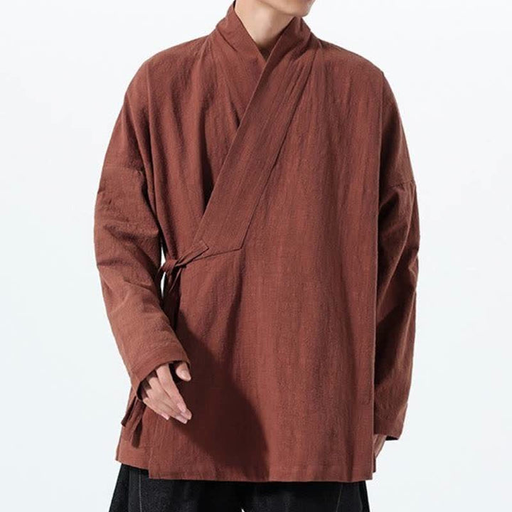 Buddha Stones Herbst/Winter: Schlichter Kimono im Tang-Stil aus einfarbiger Baumwolle mit Kordelzug und Tasche für Herren. - image 31