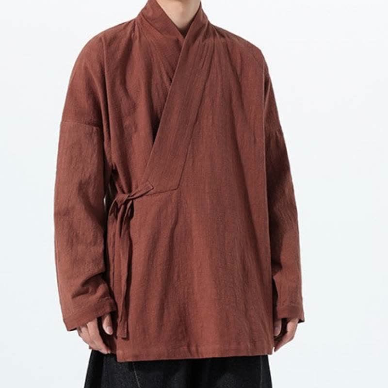 Buddha Stones Herbst/Winter: Schlichter Kimono im Tang-Stil aus einfarbiger Baumwolle mit Kordelzug und Tasche für Herren. - image 29