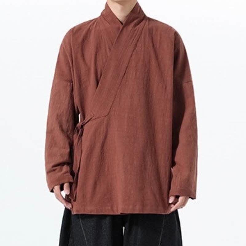 Buddha Stones Herbst/Winter: Schlichter Kimono im Tang-Stil aus einfarbiger Baumwolle mit Kordelzug und Tasche für Herren. - image 28