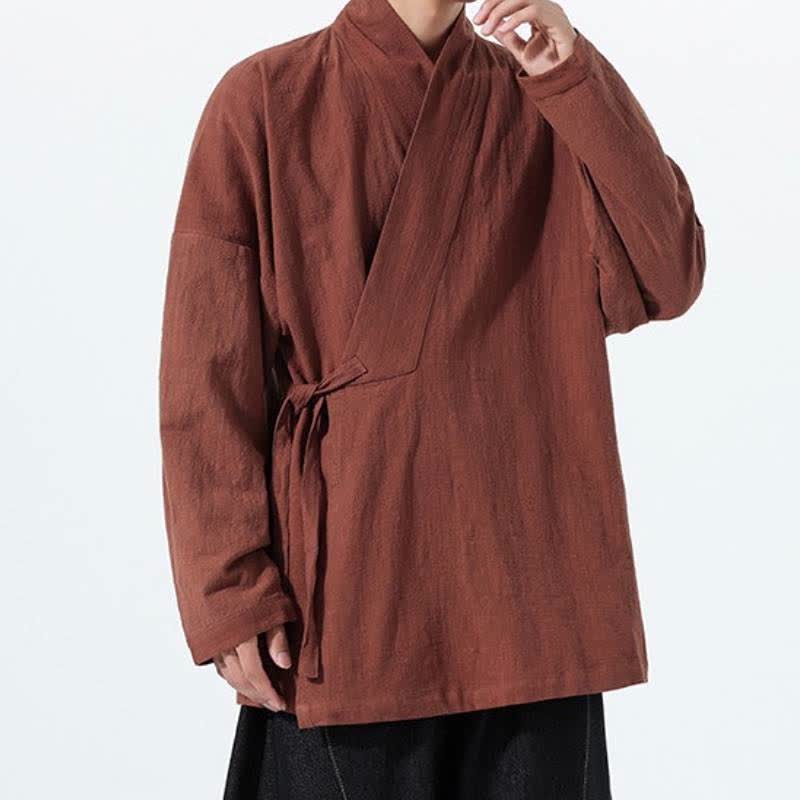 Buddha Stones Herbst/Winter: Schlichter Kimono im Tang-Stil aus einfarbiger Baumwolle mit Kordelzug und Tasche für Herren. - image 32