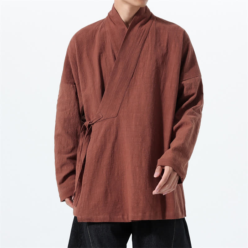Buddha Stones Herbst/Winter: Schlichter Kimono im Tang-Stil aus einfarbiger Baumwolle mit Kordelzug und Tasche für Herren. - image 33