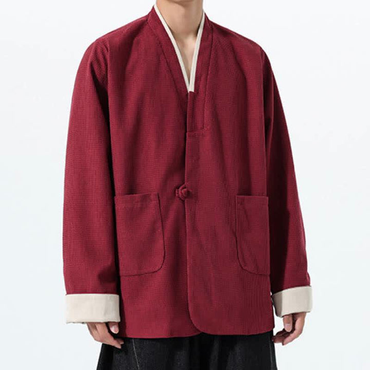 Buddha Stones Lässige Herrenjacke im Tang-Stil mit Froschknopfleiste, V-Ausschnitt und Taschen für den Herbst - image 2