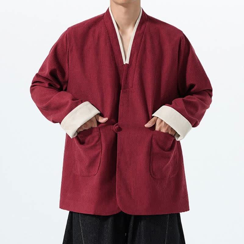 Buddha Stones Lässige Herrenjacke im Tang-Stil mit Froschknopfleiste, V-Ausschnitt und Taschen für den Herbst - image 1