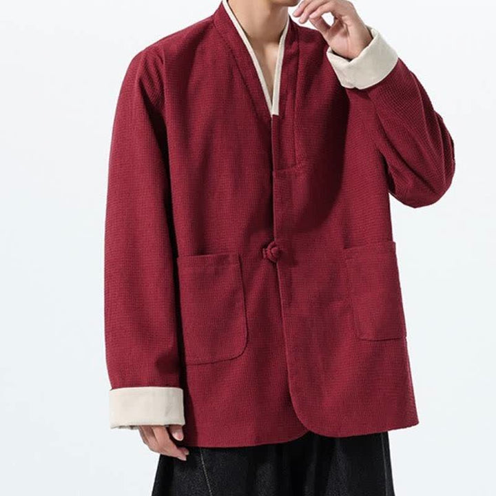 Buddha Stones Lässige Herrenjacke im Tang-Stil mit Froschknopfleiste, V-Ausschnitt und Taschen für den Herbst - image 5