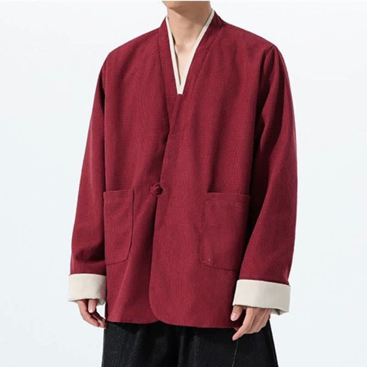 Buddha Stones Lässige Herrenjacke im Tang-Stil mit Froschknopfleiste, V-Ausschnitt und Taschen für den Herbst - image 3