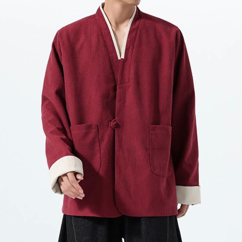 Buddha Stones Lässige Herrenjacke im Tang-Stil mit Froschknopfleiste, V-Ausschnitt und Taschen für den Herbst - image 4