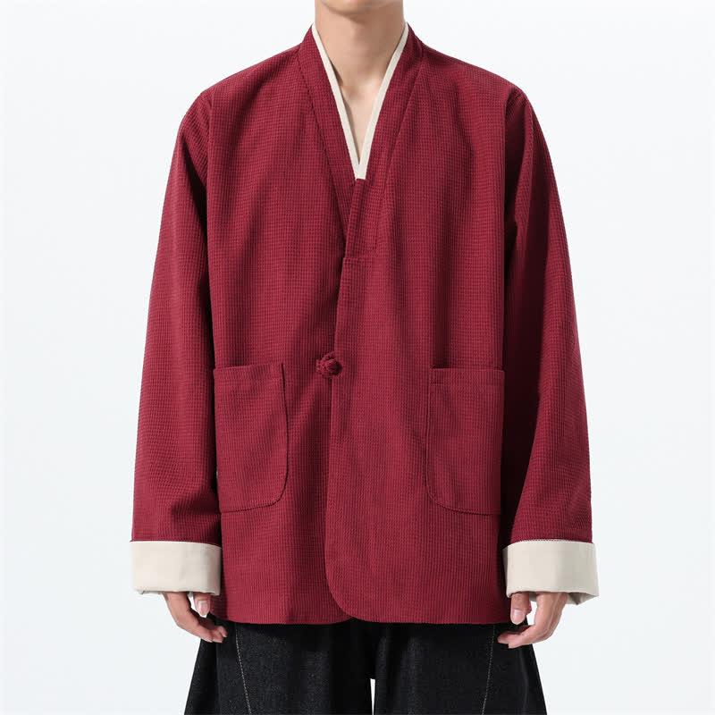 Buddha Stones Lässige Herrenjacke im Tang-Stil mit Froschknopfleiste, V-Ausschnitt und Taschen für den Herbst - Kastanienbraun - US/UK/AU46, EU56 (5XL) - image 0