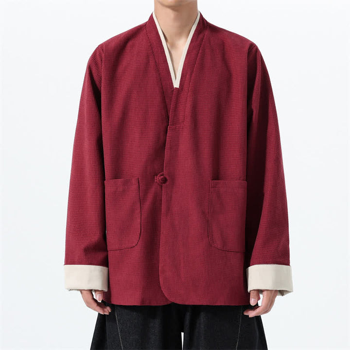 Buddha Stones Lässige Herrenjacke im Tang-Stil mit Froschknopfleiste, V-Ausschnitt und Taschen für den Herbst - Kastanienbraun - US/UK/AU46, EU56 (5XL) - image 0
