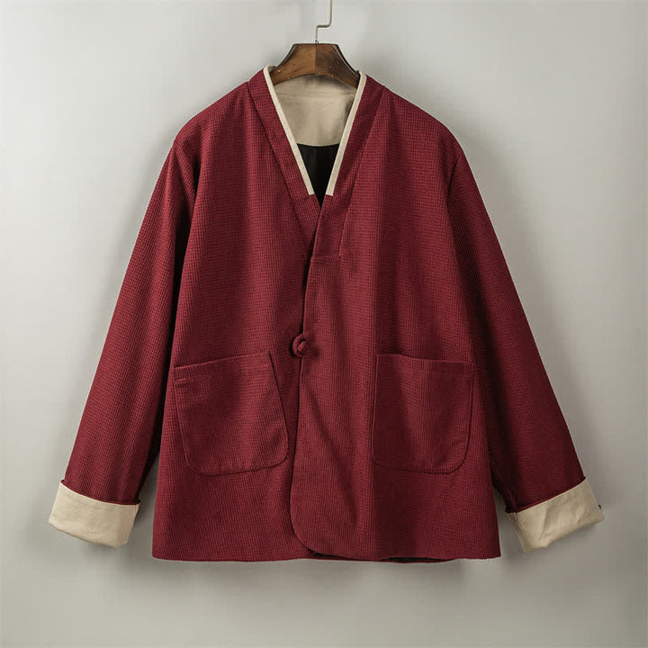 Buddha Stones Lässige Herrenjacke im Tang-Stil mit Froschknopfleiste, V-Ausschnitt und Taschen für den Herbst - image 7