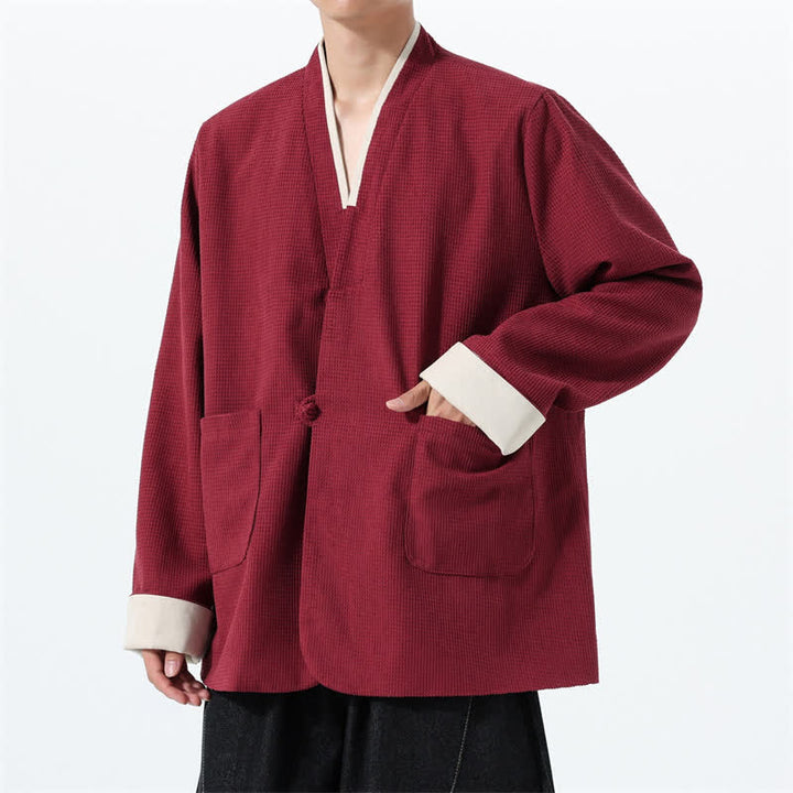 Buddha Stones Lässige Herrenjacke im Tang-Stil mit Froschknopfleiste, V-Ausschnitt und Taschen für den Herbst - image 6