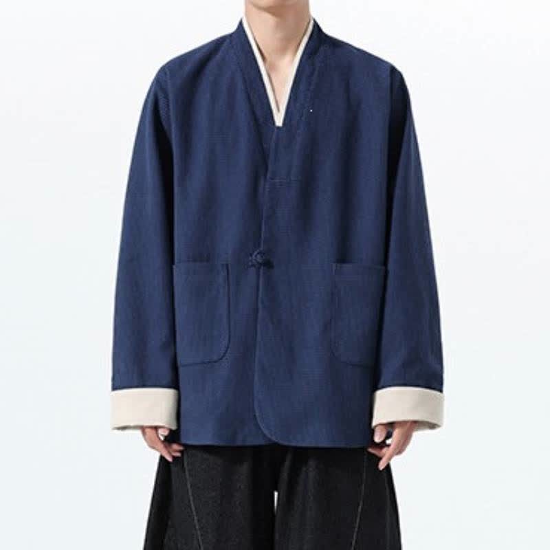 Buddha Stones Lässige Herrenjacke im Tang-Stil mit Froschknopfleiste, V-Ausschnitt und Taschen für den Herbst - Mitternachtsblau - US/UK/AU46, EU56 (5XL) - image 8