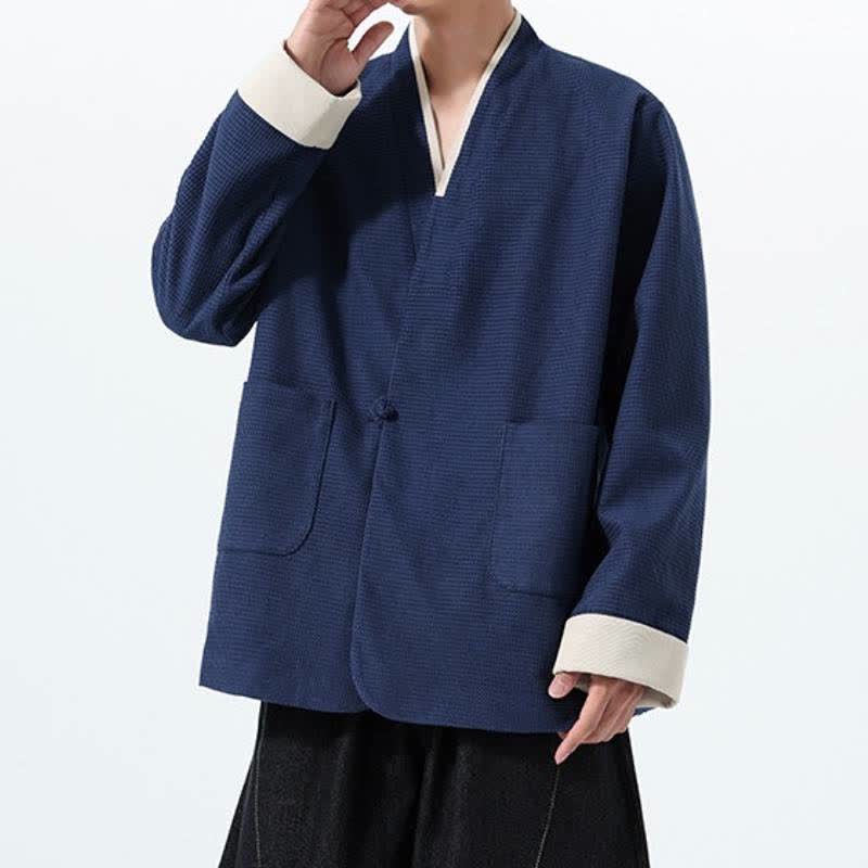 Buddha Stones Lässige Herrenjacke im Tang-Stil mit Froschknopfleiste, V-Ausschnitt und Taschen für den Herbst - image 9