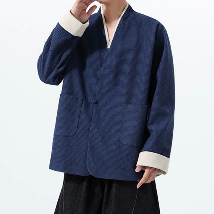 Buddha Stones Lässige Herrenjacke im Tang-Stil mit Froschknopfleiste, V-Ausschnitt und Taschen für den Herbst - image 9