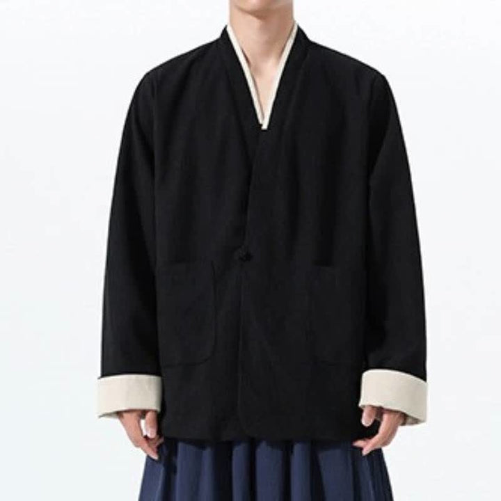 Buddha Stones Lässige Herrenjacke im Tang-Stil mit Froschknopfleiste, V-Ausschnitt und Taschen für den Herbst - Schwarz - US/UK/AU46, EU56 (5XL) - image 20