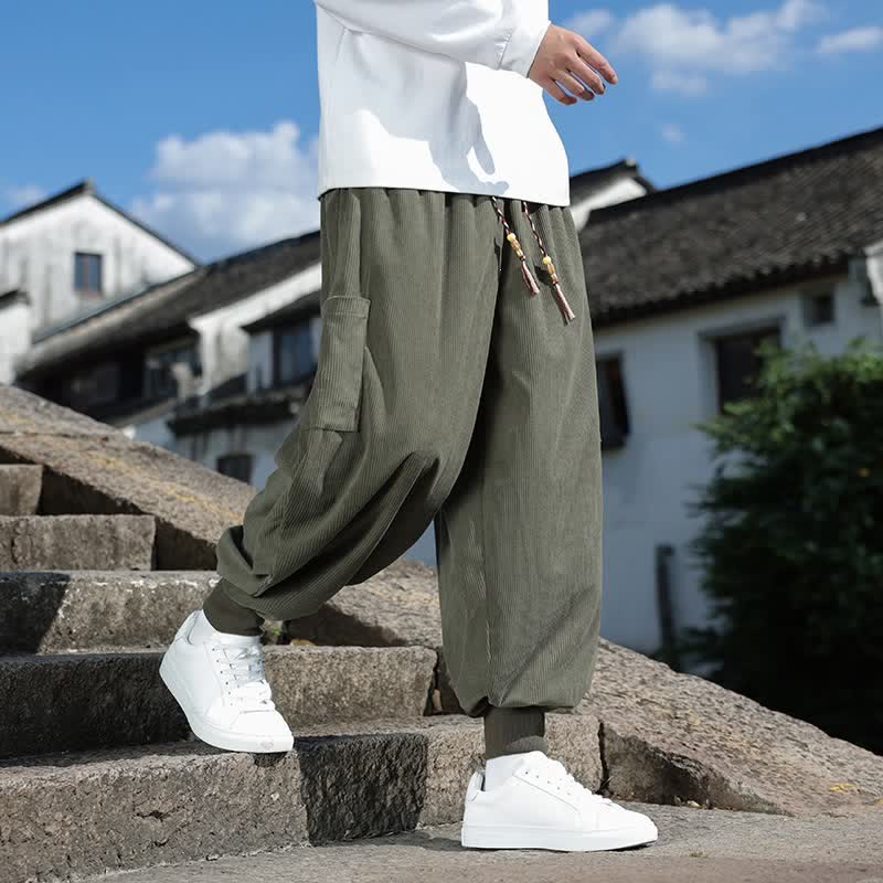 Buddha Stones Lässige Vintage-Herrenhose mit Kordelzug, Knöchellänge und Taschen – ideal für Herbst und Winter - Olivgrün - US/UK/AU46, EU56 (5XL) - image 0
