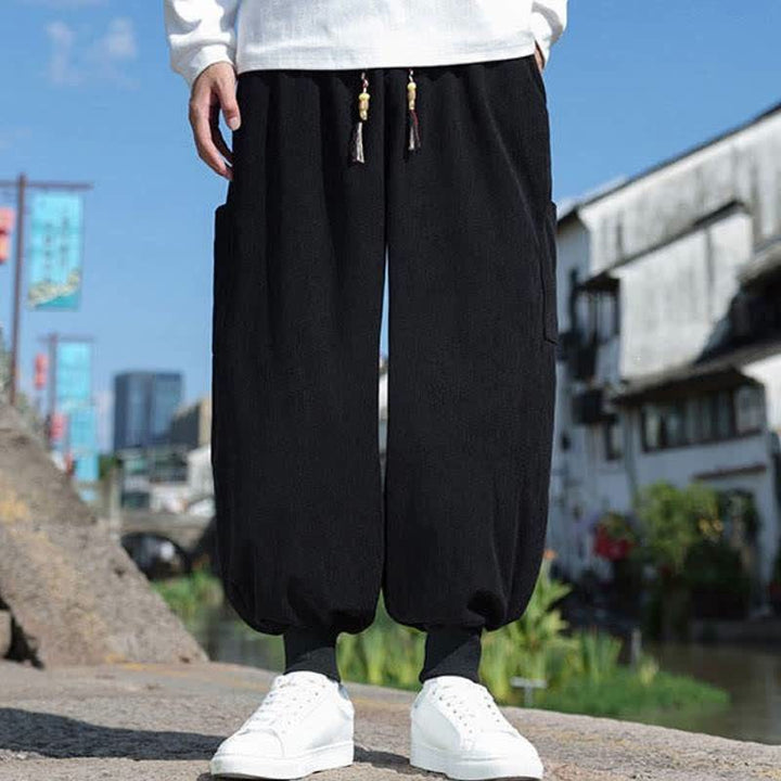 Buddha Stones Lässige Vintage-Herrenhose mit Kordelzug, Knöchellänge und Taschen – ideal für Herbst und Winter - Schwarz - US/UK/AU46, EU56 (5XL) - image 8