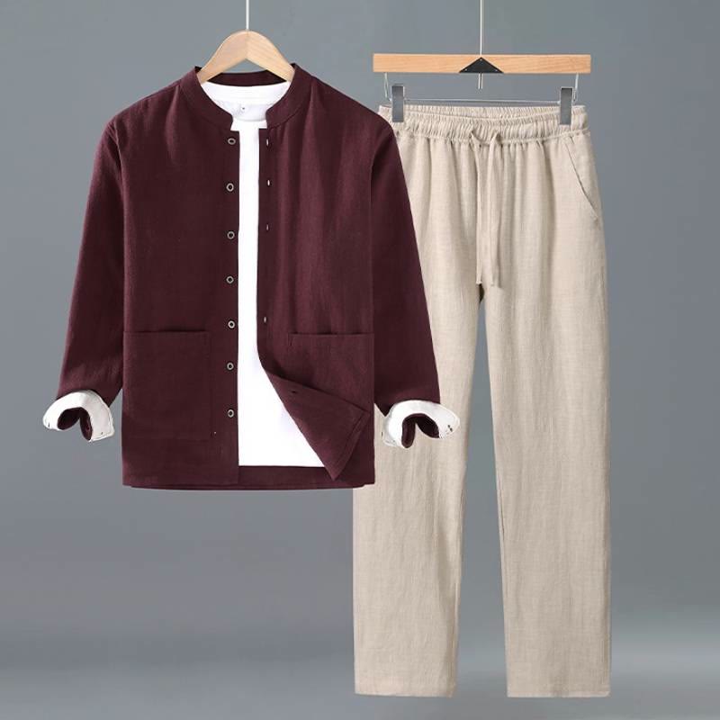 Buddha Stones Frühling Herbst Tang Style Minimalistisches Button-Up Solid Ramie Langarmhemd Hose Herren Meditationstuch mit Taschen - Bordeauxrotes Hemd, beige Hose - US/UK/AU42, EU52 (3XL) - image 10