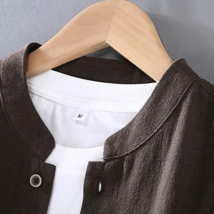 Buddha Stones Frühling Herbst Tang Style Minimalistisches Button-Up Solid Ramie Langarmhemd Hose Herren Meditationstuch mit Taschen - image 1