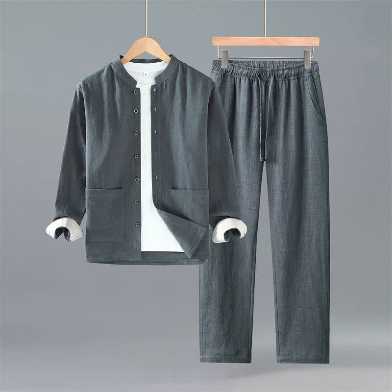Buddha Stones Frühling Herbst Tang Style Minimalistisches Button-Up Solid Ramie Langarmhemd Hose Herren Meditationstuch mit Taschen - Dunkelgraues Hemd und Hose - US/UK/AU42, EU52 (3XL) - image 12