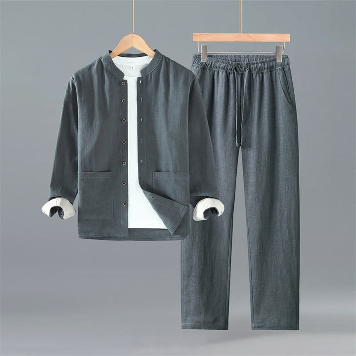 Buddha Stones Frühling Herbst Tang Style Minimalistisches Button-Up Solid Ramie Langarmhemd Hose Herren Meditationstuch mit Taschen - Dunkelgraues Hemd und Hose - US/UK/AU42, EU52 (3XL) - image 12