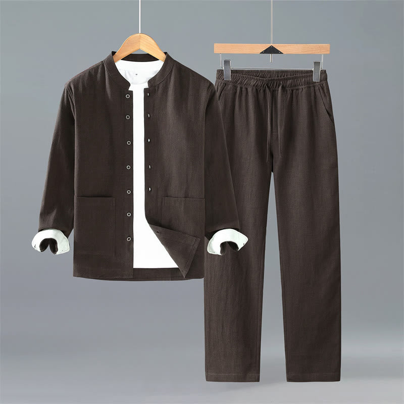 Buddha Stones Frühling Herbst Tang Style Minimalistisches Button-Up Solid Ramie Langarmhemd Hose Herren Meditationstuch mit Taschen - Sattelbraunes Hemd und Hose - US/UK/AU42, EU52 (3XL) - image 0