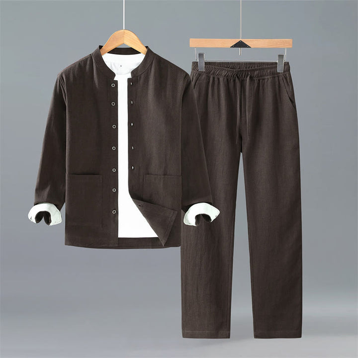Buddha Stones Frühling Herbst Tang Style Minimalistisches Button-Up Solid Ramie Langarmhemd Hose Herren Meditationstuch mit Taschen - Sattelbraunes Hemd und Hose - US/UK/AU42, EU52 (3XL) - image 0
