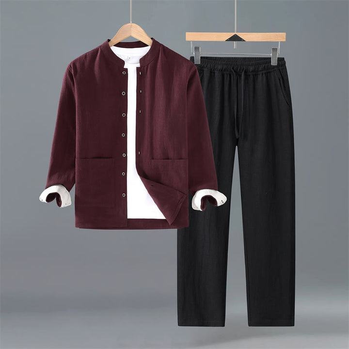 Buddha Stones Frühling Herbst Tang Style Minimalistisches Button-Up Solid Ramie Langarmhemd Hose Herren Meditationstuch mit Taschen - Bordeauxrotes Hemd, schwarze Hose - US/UK/AU42, EU52 (3XL) - image 11