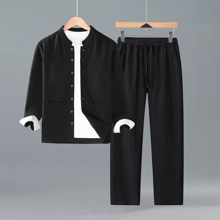 Buddha Stones Frühling Herbst Tang Style Minimalistisches Button-Up Solid Ramie Langarmhemd Hose Herren Meditationstuch mit Taschen - Schwarzes Hemd und Hose - US/UK/AU42, EU52 (3XL) - image 9