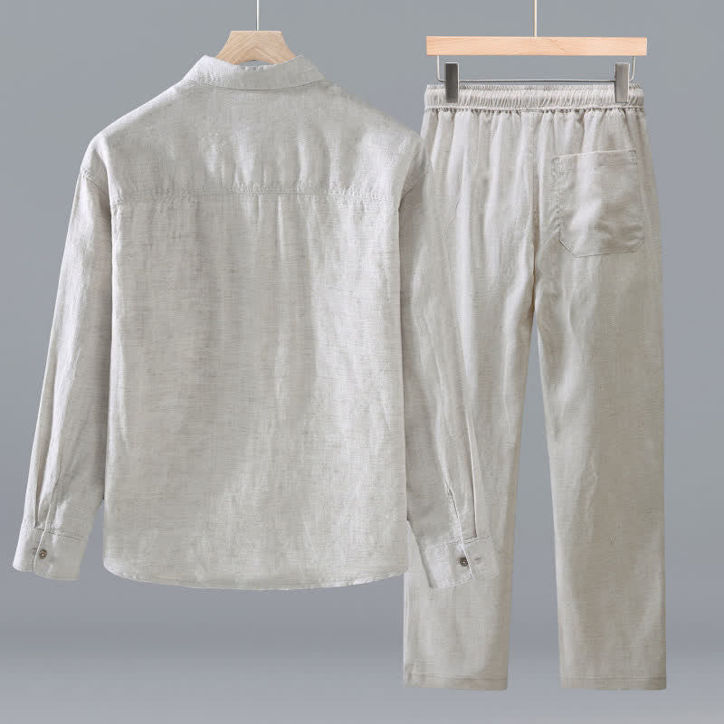 Buddha Stones Lässiges, minimalistisches Langarmhemd mit Knopfleiste für Frühling und Herbst, Hose mit Kordelzug, einfarbiges Herren-Meditationstuch mit Tasche - image 2