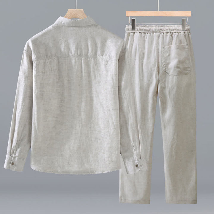 Buddha Stones Lässiges, minimalistisches Langarmhemd mit Knopfleiste für Frühling und Herbst, Hose mit Kordelzug, einfarbiges Herren-Meditationstuch mit Tasche - image 2